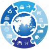 Global logistics network. Map global logistics partnership connection.  Similar world map with geolocation and logistics icons. Simple icon circle puzzle. Flat design. Vector illustration EPS10.